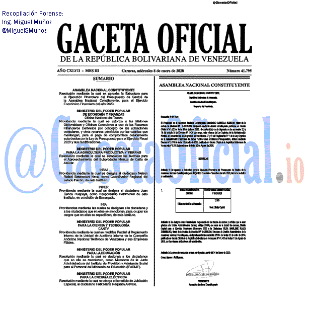 Gaceta Oficial 41795 del 8 Enero 2020 Gaceta Oficial 41795 del 8 Enero 2020