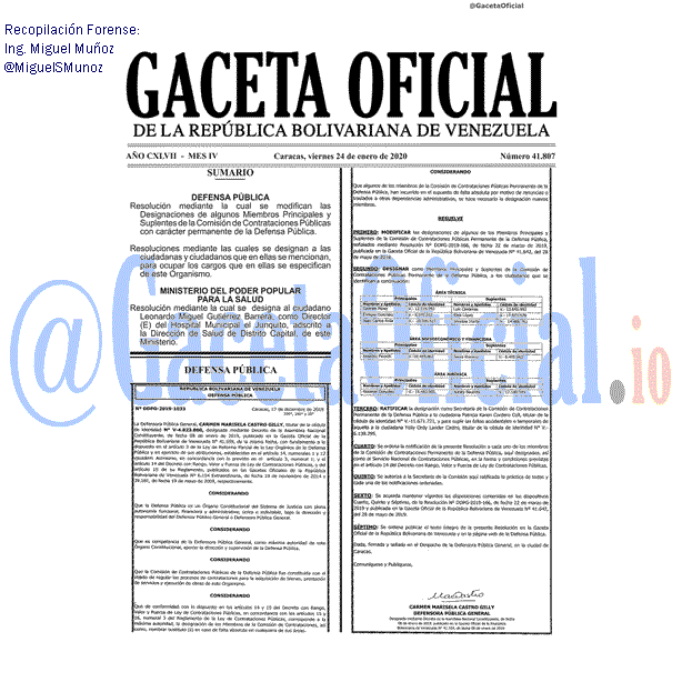 Gaceta Oficial 41807 del 24 Enero 2020 Gaceta Oficial 41807 del 24 Enero 2020