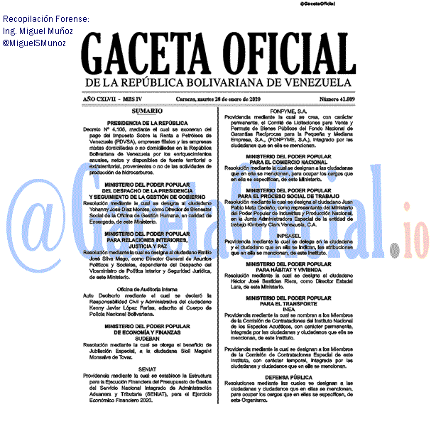 Gaceta Oficial 41809 del 28 Enero 2020 Gaceta Oficial 41809 del 28 Enero 2020