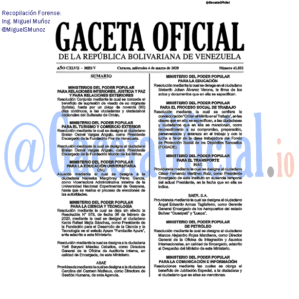 Gaceta Oficial 41832 del 4 marzo 2020 Gaceta Oficial 41832 del 4 marzo 2020