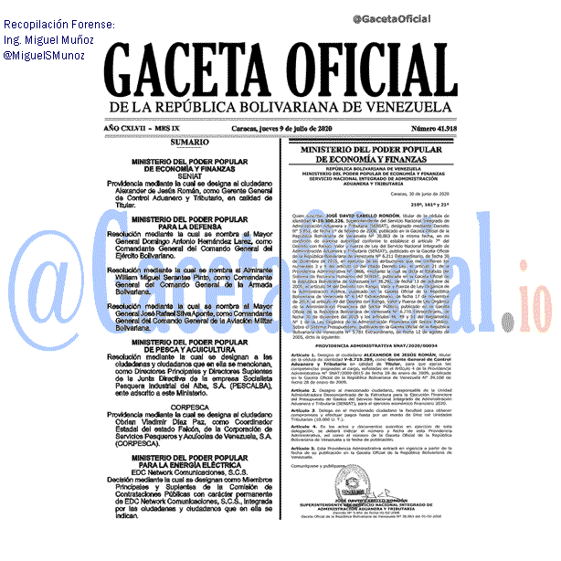 Gaceta Oficial 41918 del 9 julio 2020