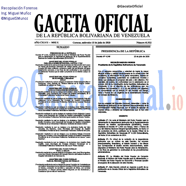 Gaceta Oficial 41922 del 15 julio 2020