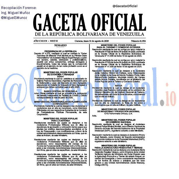 Gaceta Oficial 41954 del 31 agosto 2020