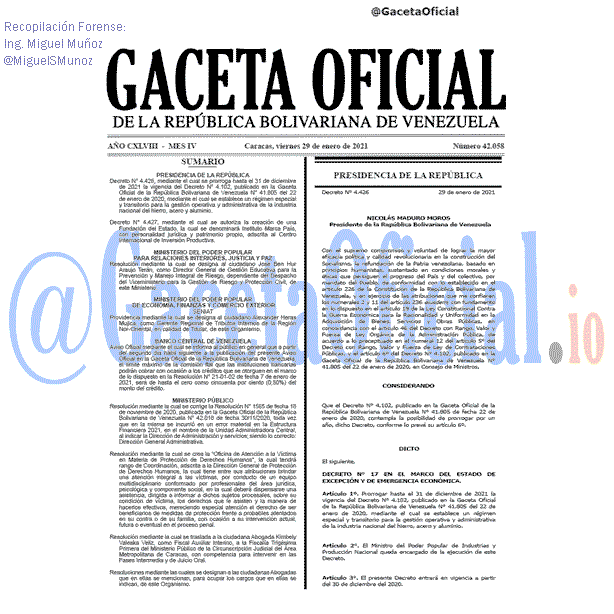 Gaceta Oficial 42058 del 29 Enero 2021