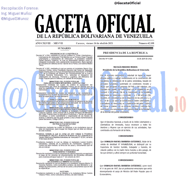 Gaceta Oficial 42108 del 16 abril 2021