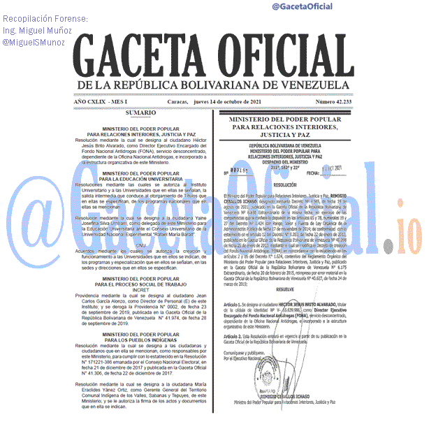 Gaceta Oficial 42233 del 14 octubre 2021