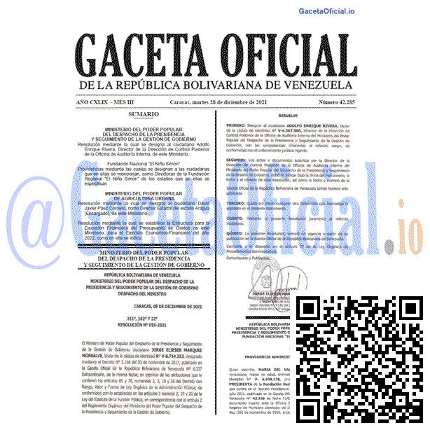 Gaceta Oficial 42285 del 28 diciembre 2021