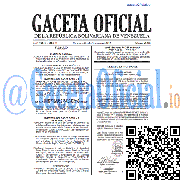 Gaceta Oficial 42290 del 5 enero 2022