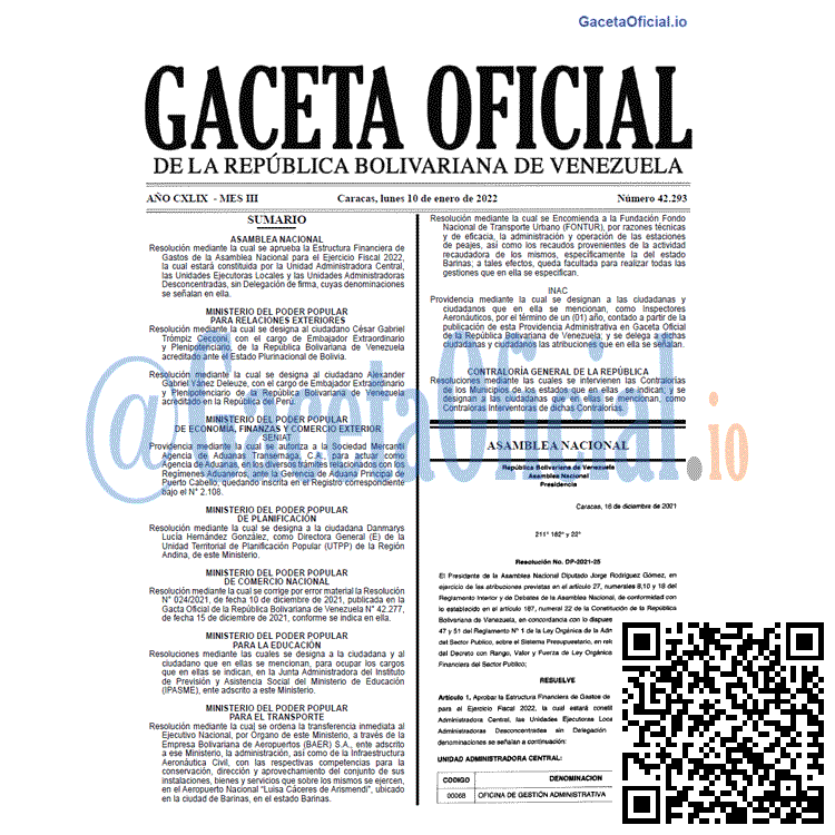 Gaceta Oficial 42293 del 10 enero 2022