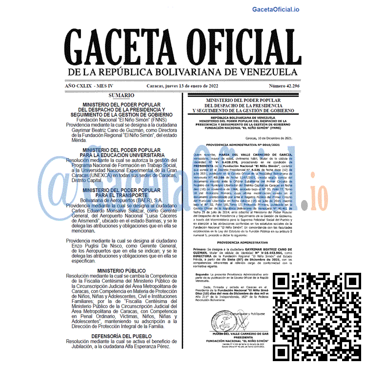 Gaceta Oficial 42296 del 13 enero 2022