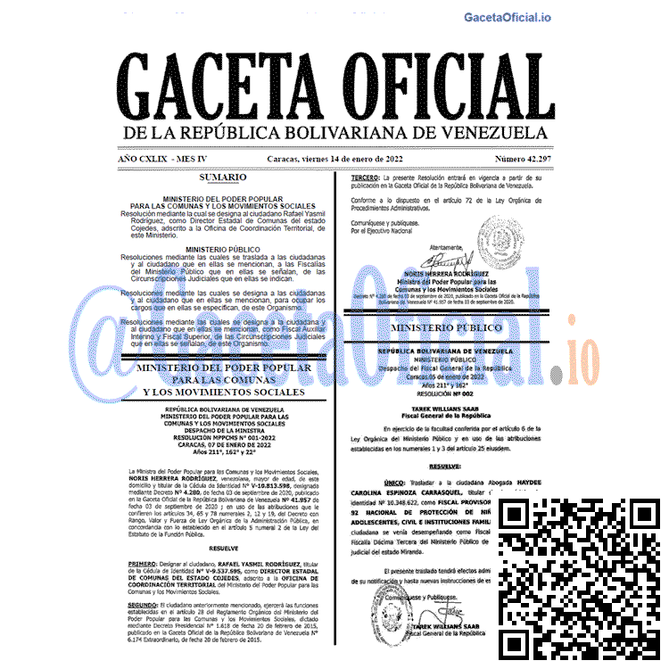 Gaceta Oficial 42297 del 14 enero 2022
