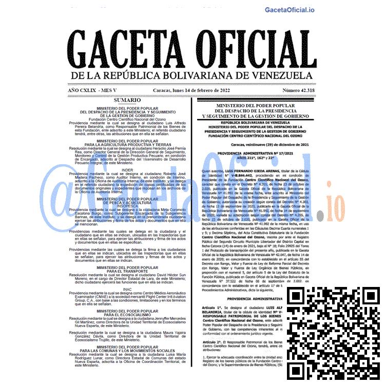 Gaceta Oficial 42318 del 14 febrero 2022