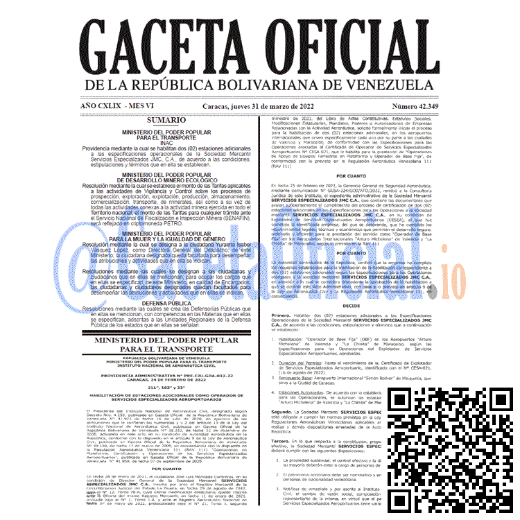 Gaceta Oficial 42349 del 31 marzo 2022 Gaceta Oficial 42349 del 31 marzo 2022