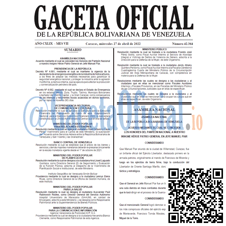 Venezuela Gaceta Oficial 42364 del 27 abril 2022