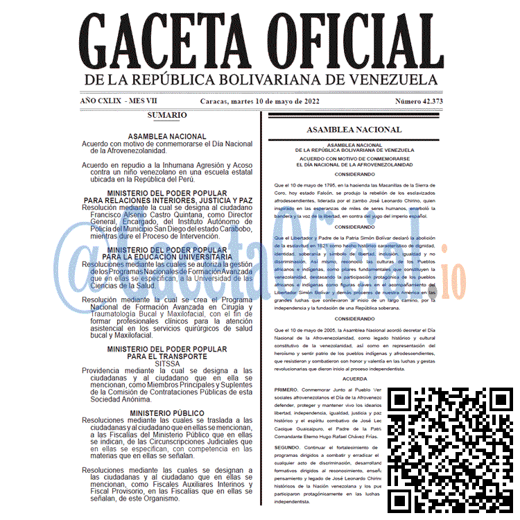 Venezuela Gaceta Oficial 42373 del 10 mayo 2022