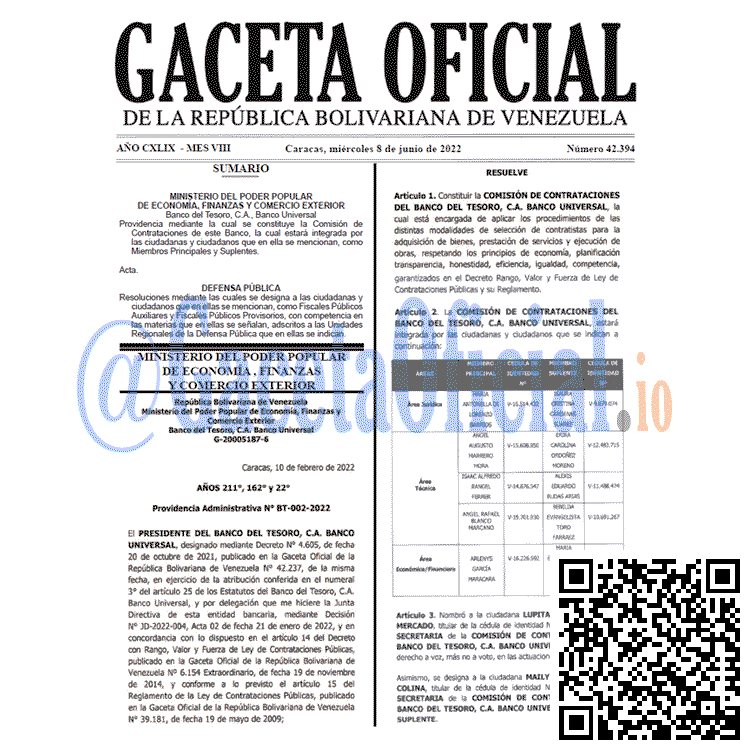 Venezuela Gaceta Oficial 42394 del 8 junio 2022
