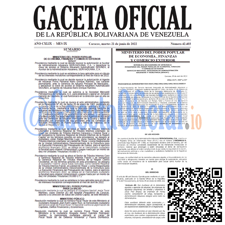Venezuela Gaceta Oficial 42403 del 21 junio 2022