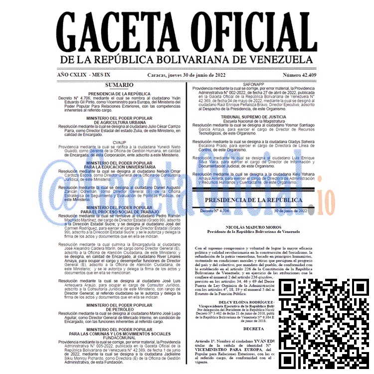 Venezuela Gaceta Oficial 42409 del 30 junio 2022