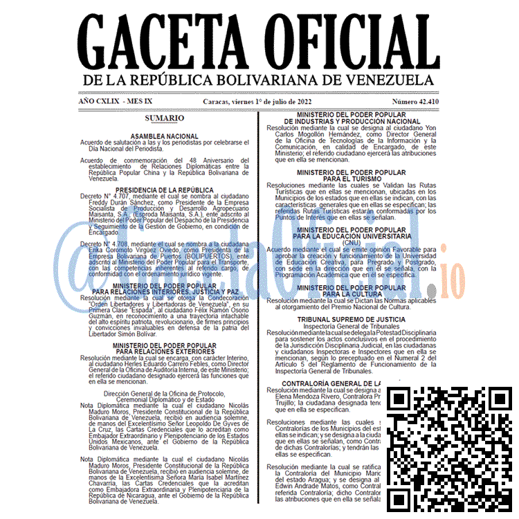 Venezuela Gaceta Oficial 42410 del 1 julio 2022