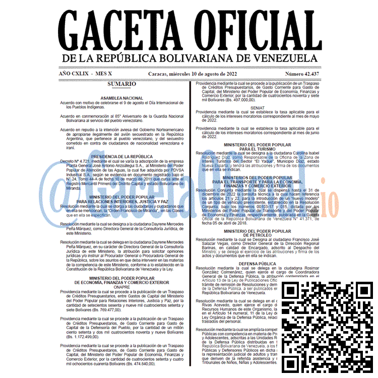 Venezuela Gaceta Oficial 42437 del 10 agosto 2022