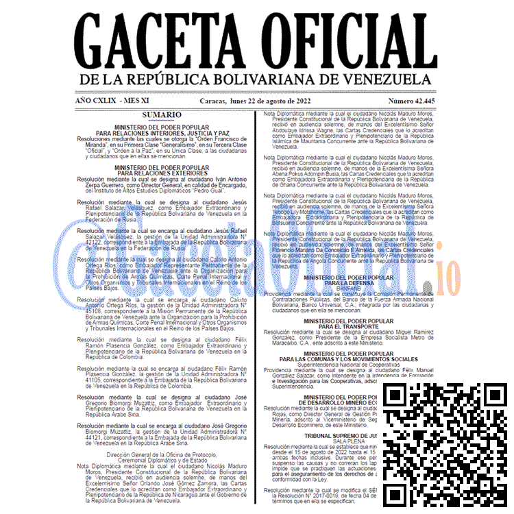 Venezuela Gaceta Oficial 42445 del 22 agosto 2022