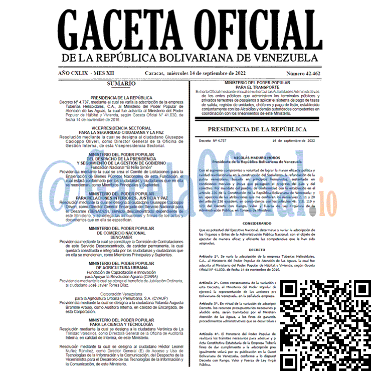 Venezuela Gaceta Oficial 42462 del 14 septiembre 2022