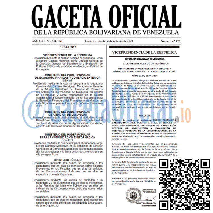 Venezuela Gaceta Oficial 42476 del 4 octubre 2022