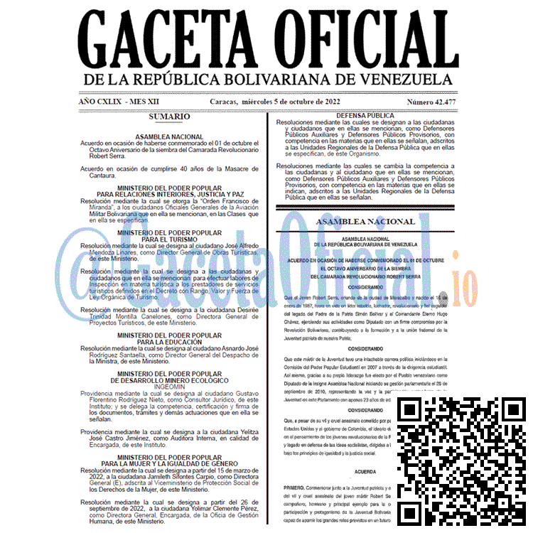Venezuela Gaceta Oficial 42477 del 5 octubre 2022