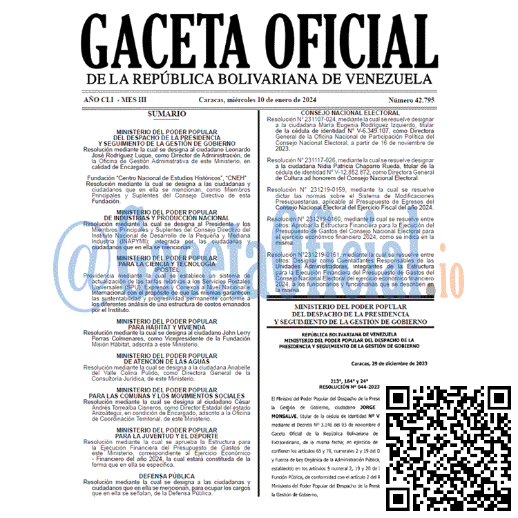 Venezuela Gaceta Oficial 42795 del 10 enero 2024 Gaceta Oficial, Gaceta 42795, Gaceta 42795 HD, Gaceta #42795, Gaceta Oficial Venezuela #42795