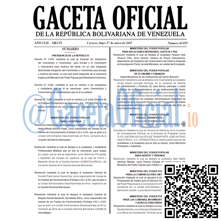 Venezuela Gaceta Oficial 43055 del 27 enero 2025 Gaceta Oficial, Gaceta 43055, Gaceta 43055 HD, Gaceta #43055, Gaceta Oficial Venezuela #43055