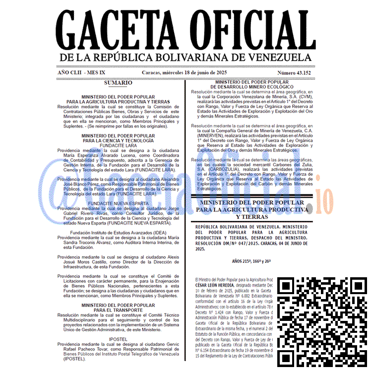Gaceta Oficial, Gaceta 43152, Gaceta 43152 HD, Gaceta #43152, Gaceta Oficial Venezuela #43152