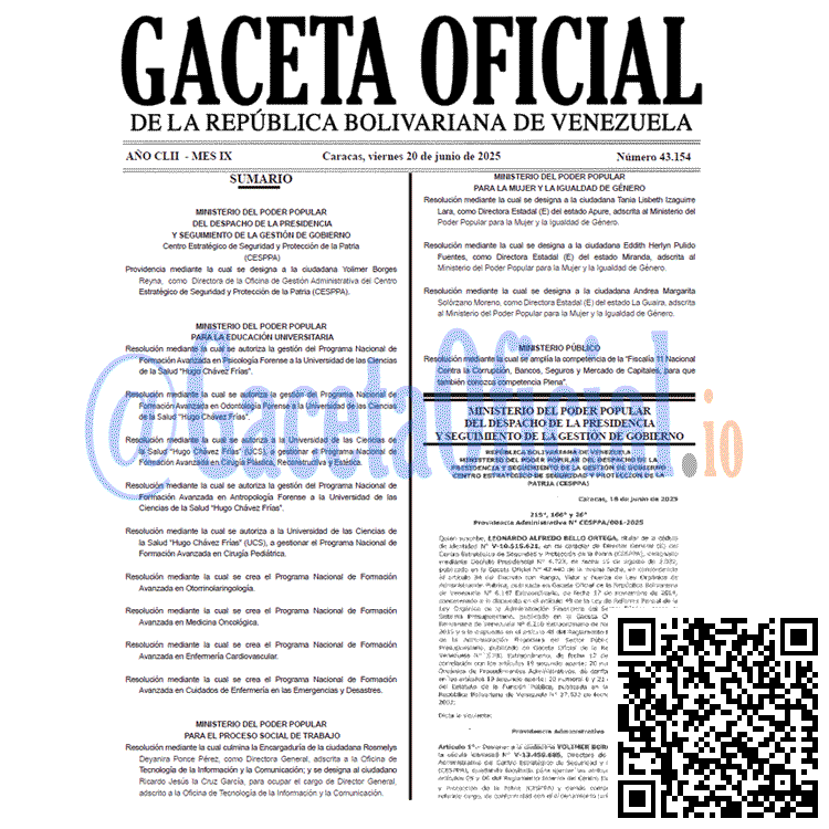 Venezuela Gaceta Oficial 43154 del 20 junio 2025 Gaceta Oficial, Gaceta 43154, Gaceta 43154 HD, Gaceta #43154, Gaceta Oficial Venezuela #43154