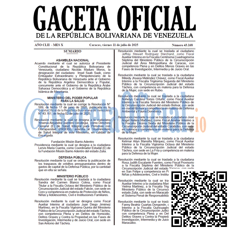 Venezuela Gaceta Oficial 43168 del 11 julio 2025 Gaceta Oficial, Gaceta 43168, Gaceta 43168 HD, Gaceta #43168, Gaceta Oficial Venezuela #43168