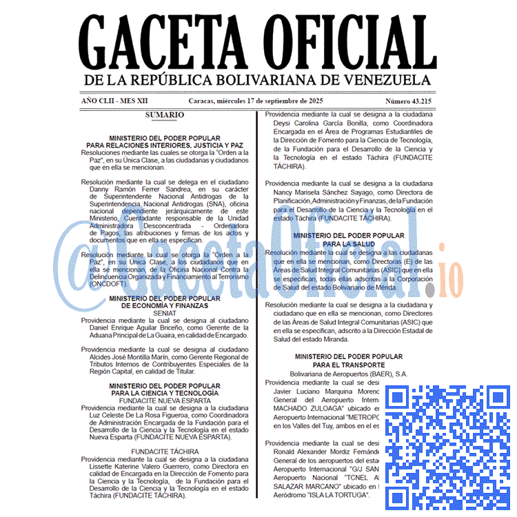 Gaceta Oficial, Gaceta 43215, Gaceta 43215 HD, Gaceta #43215, Gaceta Oficial Venezuela #43215