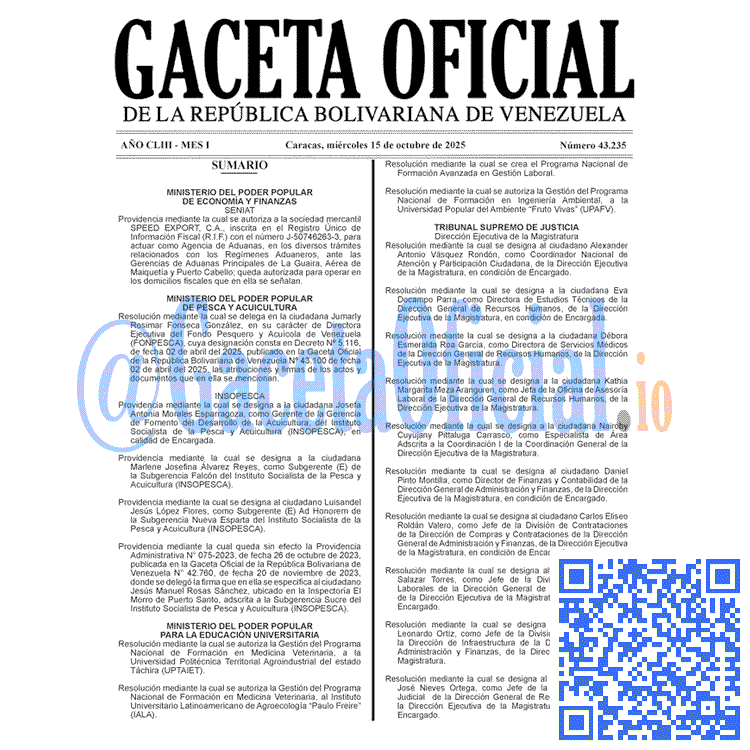 Venezuela Gaceta Oficial 43235 del 15 octubre 2025 Gaceta Oficial, Gaceta 43235, Gaceta 43235 HD, Gaceta #43235, Gaceta Oficial Venezuela #43235