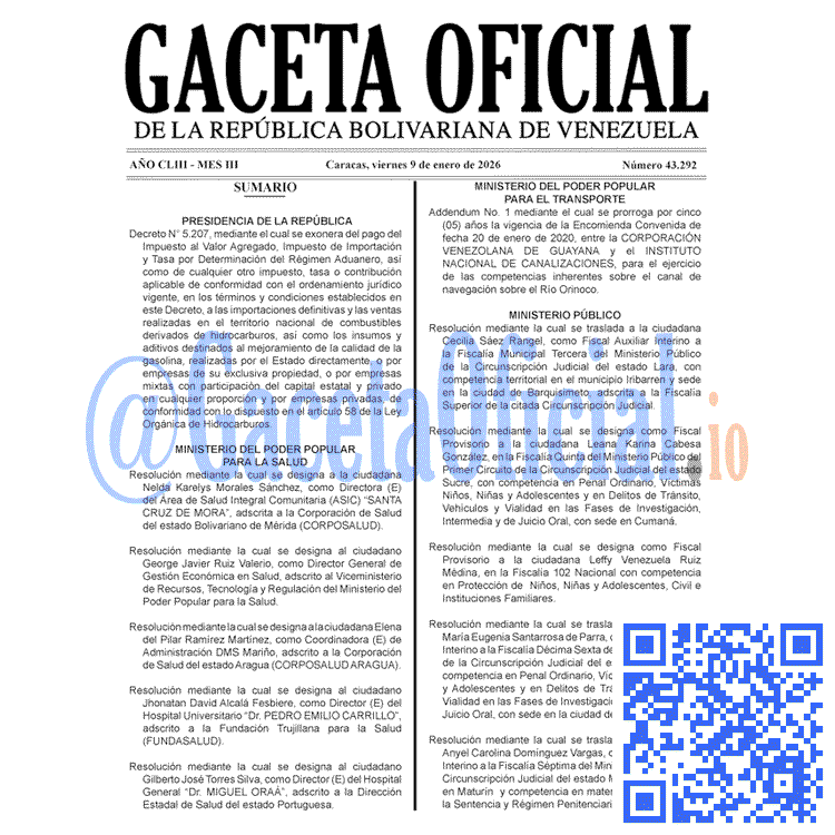 Venezuela Gaceta Oficial 43292 del 9 enero 2026 Gaceta Oficial, Gaceta 43292, Gaceta 43292 HD, Gaceta #43292, Gaceta Oficial Venezuela #43292