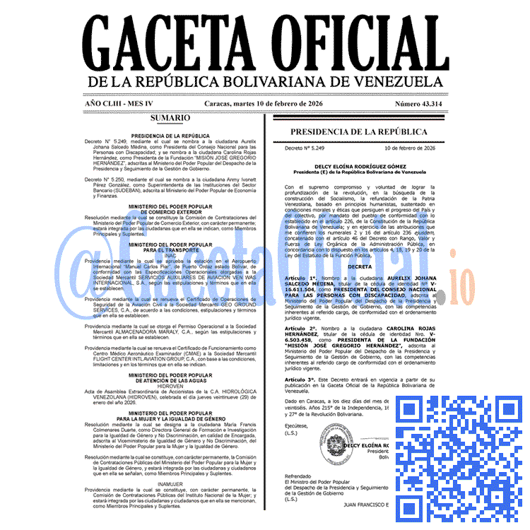 Venezuela Gaceta Oficial 43314 del 10 febrero 2026 Gaceta Oficial, Gaceta 43314, Gaceta 43314 HD, Gaceta #43314, Gaceta Oficial Venezuela #43314