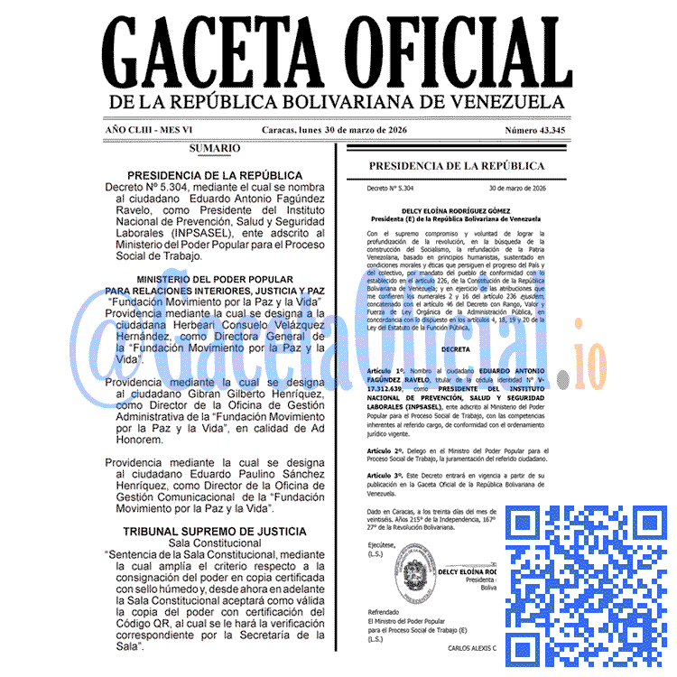 Venezuela Gaceta Oficial 43345 del 30 marzo 2026 Gaceta Oficial, Gaceta 43345, Gaceta 43345 HD, Gaceta #43345, Gaceta Oficial Venezuela #43345