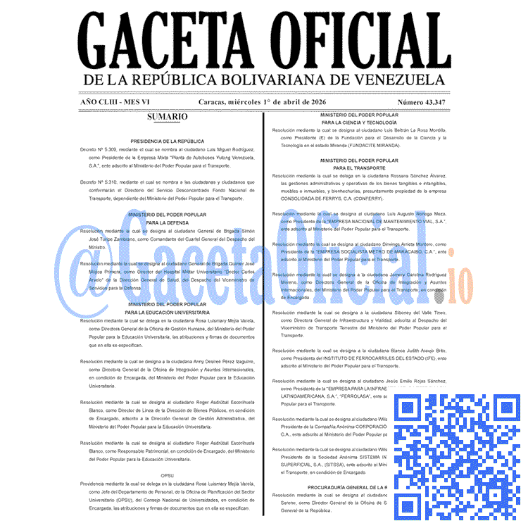 Venezuela Gaceta Oficial 43347 del 1 abril 2026 Gaceta Oficial, Gaceta 43347, Gaceta 43347 HD, Gaceta #43347, Gaceta Oficial Venezuela #43347