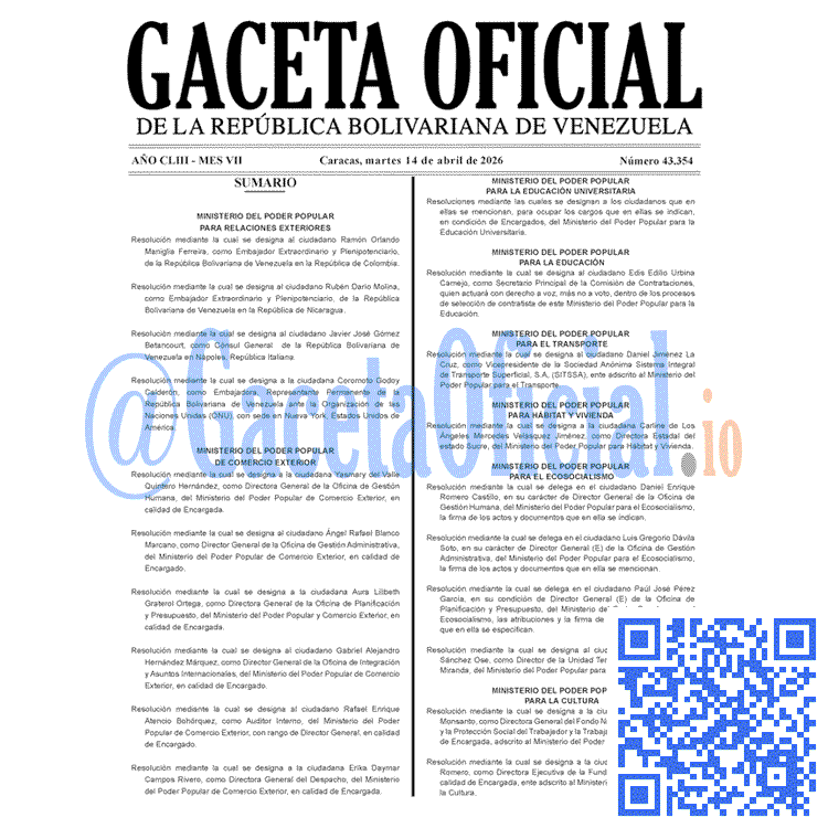 Venezuela Gaceta Oficial 43354 del 14 abril 2026 Gaceta Oficial, Gaceta 43354, Gaceta 43354 HD, Gaceta #43354, Gaceta Oficial Venezuela #43354