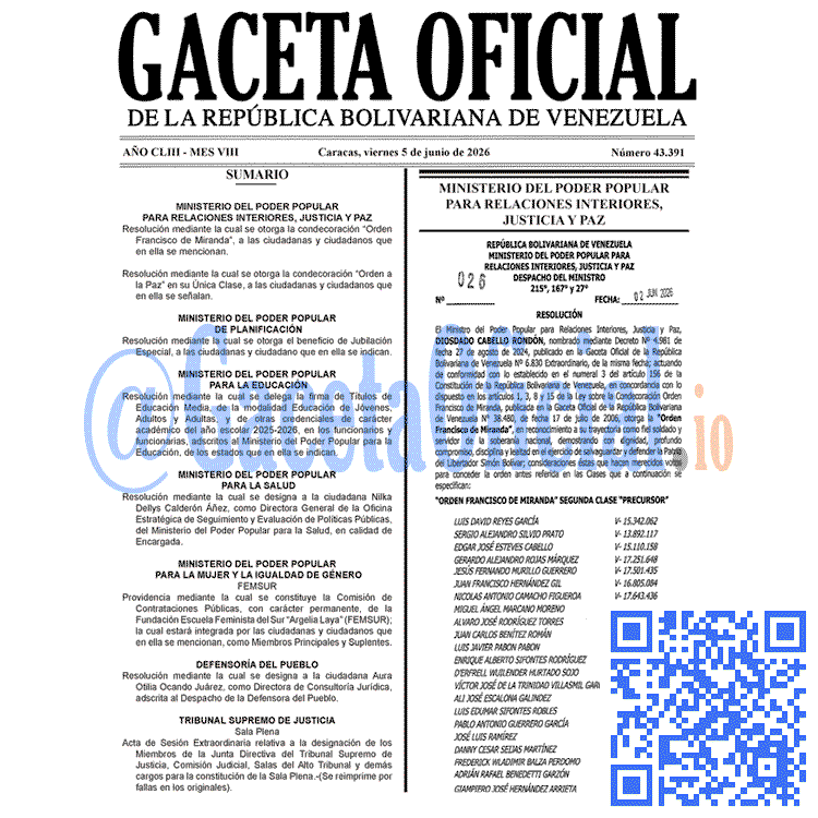Venezuela Gaceta Oficial 43391 del 5 junio 2026 Gaceta Oficial, Gaceta 43391, Gaceta 43391 HD, Gaceta #43391, Gaceta Oficial Venezuela #43391