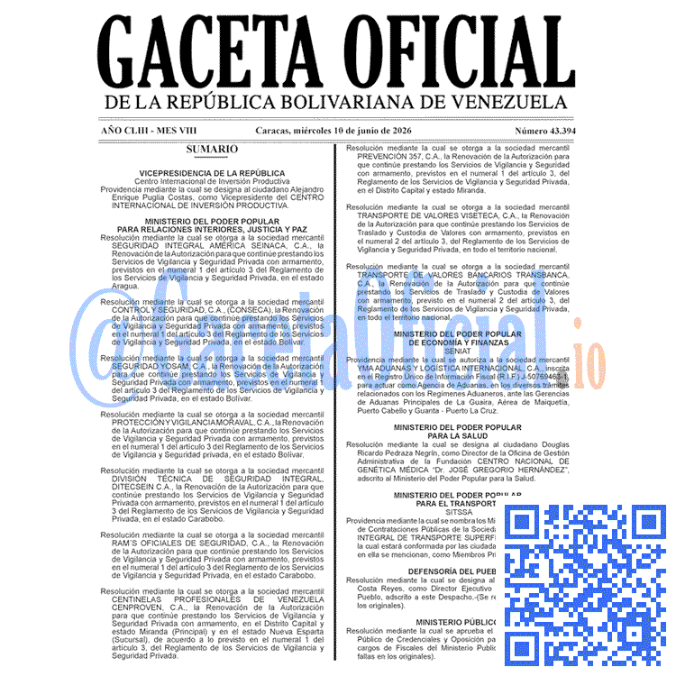 Venezuela Gaceta Oficial 43394 del 10 junio 2026 Gaceta Oficial, Gaceta 43394, Gaceta 43394 HD, Gaceta #43394, Gaceta Oficial Venezuela #43394