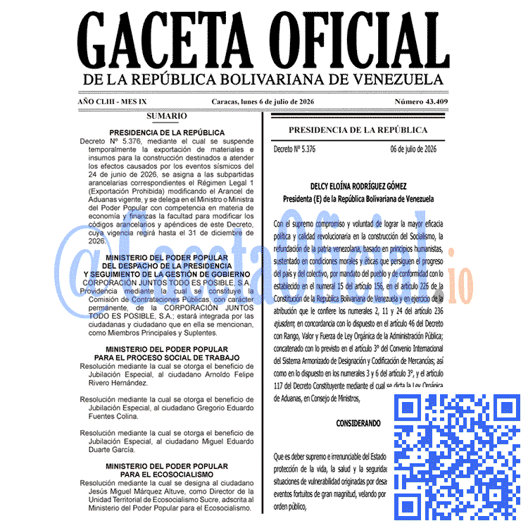Venezuela Gaceta Oficial 43409 del 6 julio 2026 Gaceta Oficial, Gaceta 43409, Gaceta 43409 HD, Gaceta #43409, Gaceta Oficial Venezuela #43409
