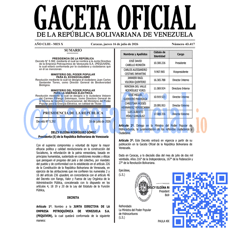 Venezuela Gaceta Oficial 43417 del 16 julio 2026 Gaceta Oficial, Gaceta 43417, Gaceta 43417 HD, Gaceta #43417, Gaceta Oficial Venezuela #43417