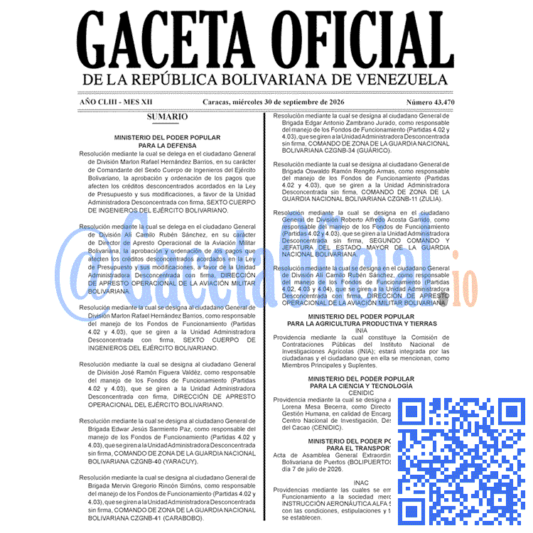 Venezuela Gaceta Oficial 43470 del 30 septiembre 2026 Gaceta Oficial, Gaceta 43470, Gaceta 43470 HD, Gaceta #43470, Gaceta Oficial Venezuela #43470
