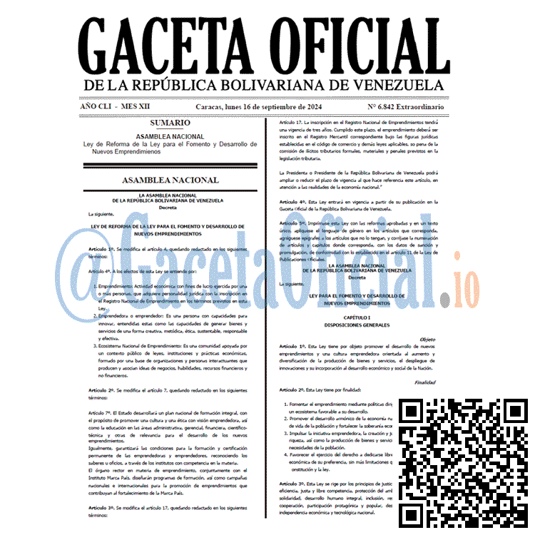 Ley de Reforma de la Ley para el Fomento y Desarrollo de Nuevos Emprendimienyos: Gaceta #6842: 2024