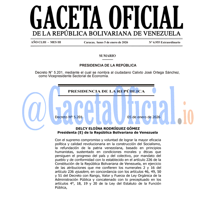 Venezuela Gaceta Oficial 6955 del 5 enero 2026 Gaceta Oficial, Gaceta 6955, Gaceta 6955 HD, Gaceta #6955, Gaceta Oficial Venezuela #6955