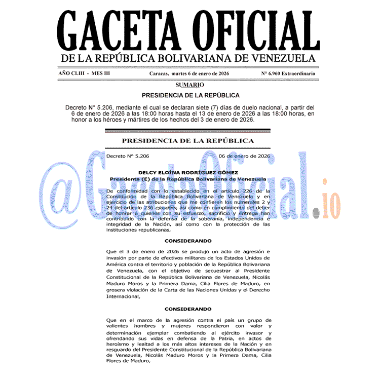 Venezuela Gaceta Oficial 6960 del 6 enero 2026 Gaceta Oficial, Gaceta 6960, Gaceta 6960 HD, Gaceta #6960, Gaceta Oficial Venezuela #6960