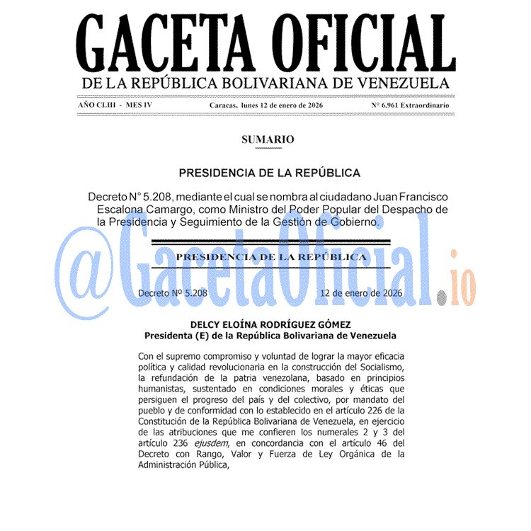Venezuela Gaceta Oficial 6961 del 12 enero 2026 Gaceta Oficial, Gaceta 6961, Gaceta 6961 HD, Gaceta #6961, Gaceta Oficial Venezuela #6961