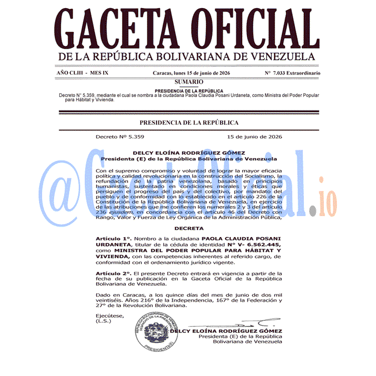 Venezuela Gaceta Oficial 7033 del 15 junio 2026 Gaceta Oficial, Gaceta 7033, Gaceta 7033 HD, Gaceta #7033, Gaceta Oficial Venezuela #7033
